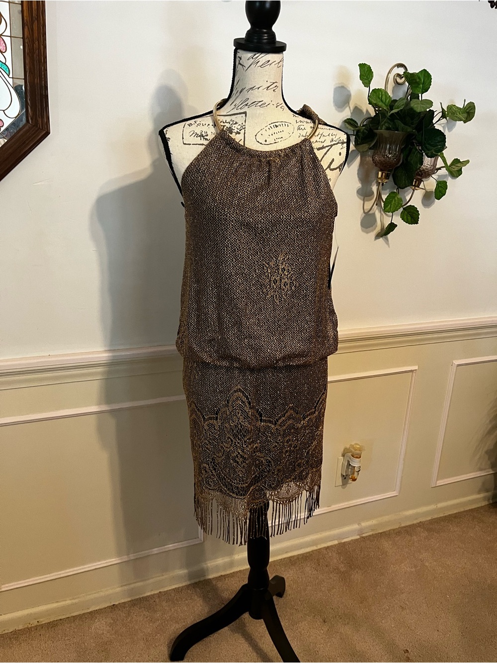 SLNY Brown Beaded Fringe Halter Mini Dress